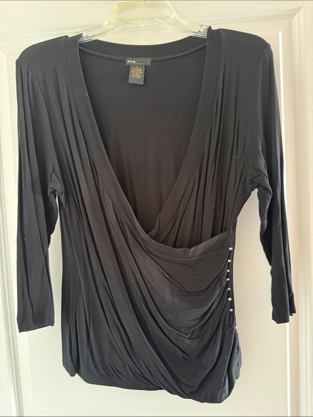 Grace Elements Black Draped V-Neck 3/4 Sleeve Top with Side Studs